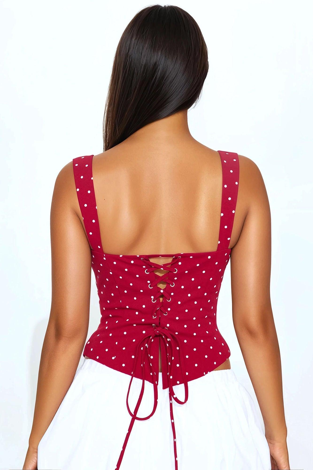 Pin-Up Girly Lace Trim Polka Dot Corset Top - Red/White Product Image