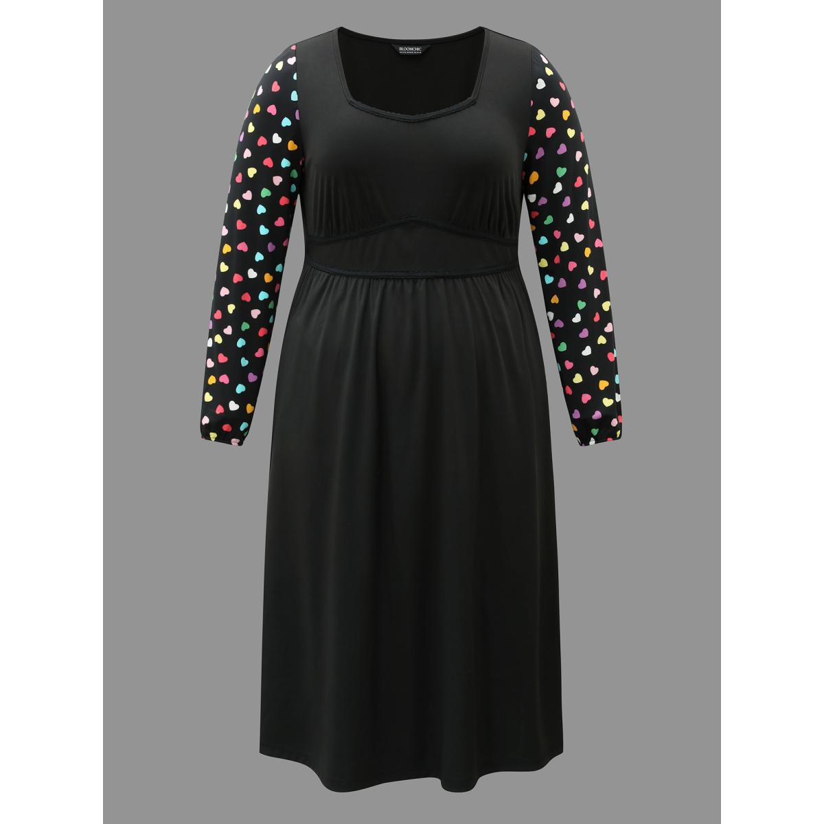 Plus Size Polka Dot Sleeve Waist-Cinched Lace Dress Black Women Elegant Woven ribbon&lace trim Heart neckline Long Sleeve Curvy BloomChic 26/4X Product Image