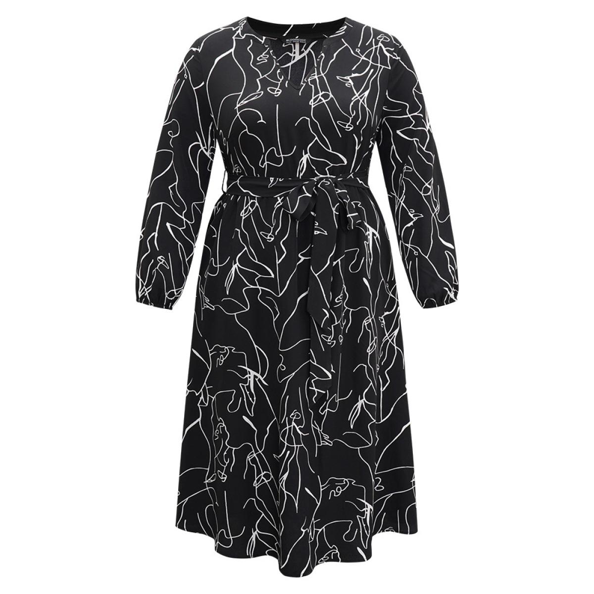 Plus Size Geometric Print Pocket Notched Belted Dress Black Women Elegant Elastic cuffs Notched collar Long Sleeve Curvy Midi Dress BloomChic 14-16/1X Product Image
