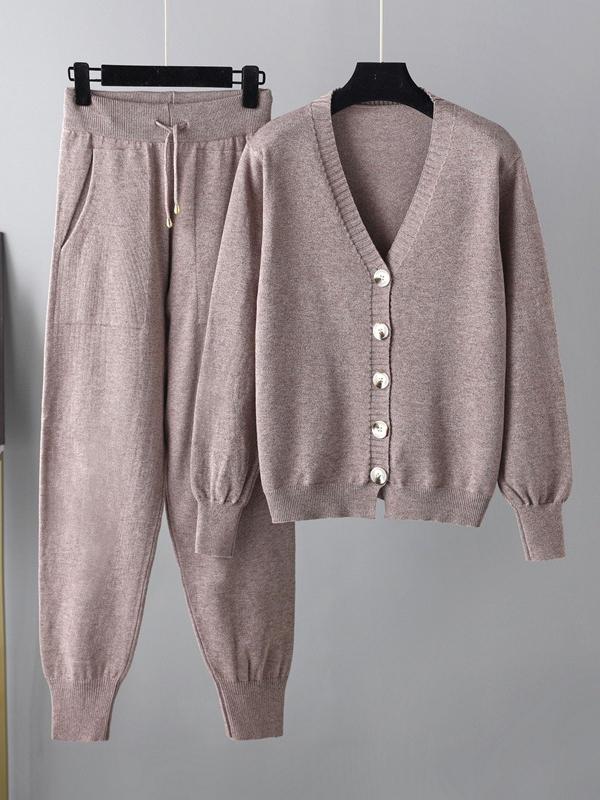 Casual Loose Solid Color V-Neck Cardigan Tops & Harem Pants Two Pieces Set Product Image