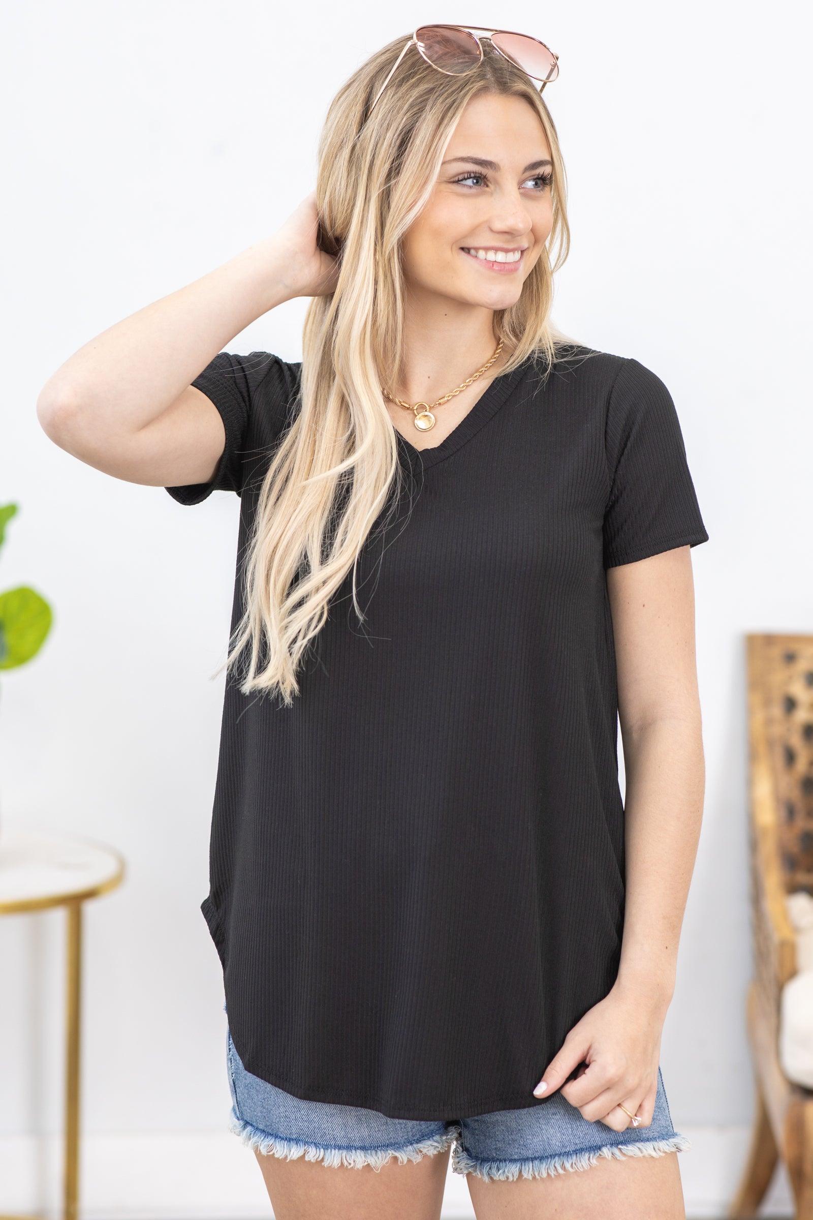 Black V-Neck Rib Knit Top Product Image