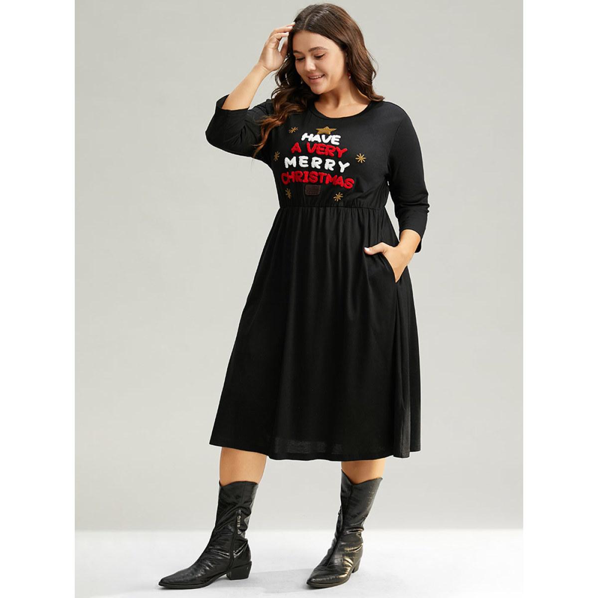 Plus Size Christmas Embroidered Star Elastic Waist Dress Black Women Casual Embroidered Round Neck Elbow-length sleeve Curvy Midi Dress BloomChic 30/6X Product Image