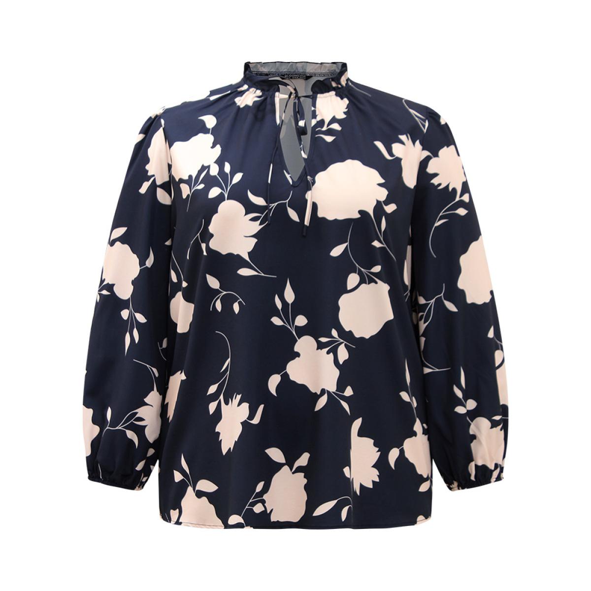 Plus Size Indigo Silhouette Floral Print Stand Collar Tie Neck Blouse Women Elegant Long Sleeve Tie Neck Dailywear Blouses BloomChic 10/M Product Image