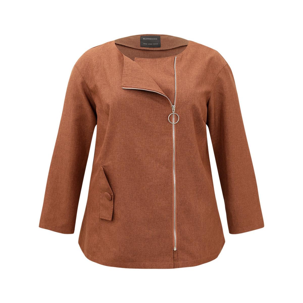 Plus Size Plain Asymmetrical Neck Zipper Jacket Women Chocolate Zipper Dailywear Jackets BloomChic 22-24/3X Product Image