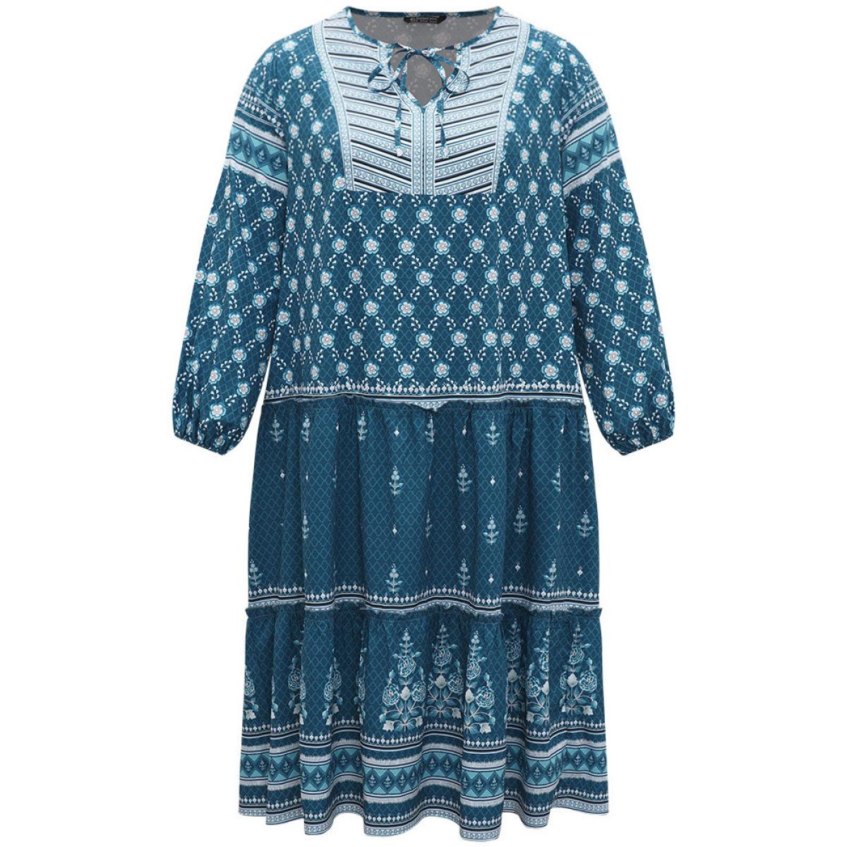 Plus Size Bandana Print Knot Neck Lantern Sleeve Dress Aegean Women Vacation Elastic cuffs Tie Neck Long Sleeve Curvy Midi Dress BloomChic 14-16/1X Product Image