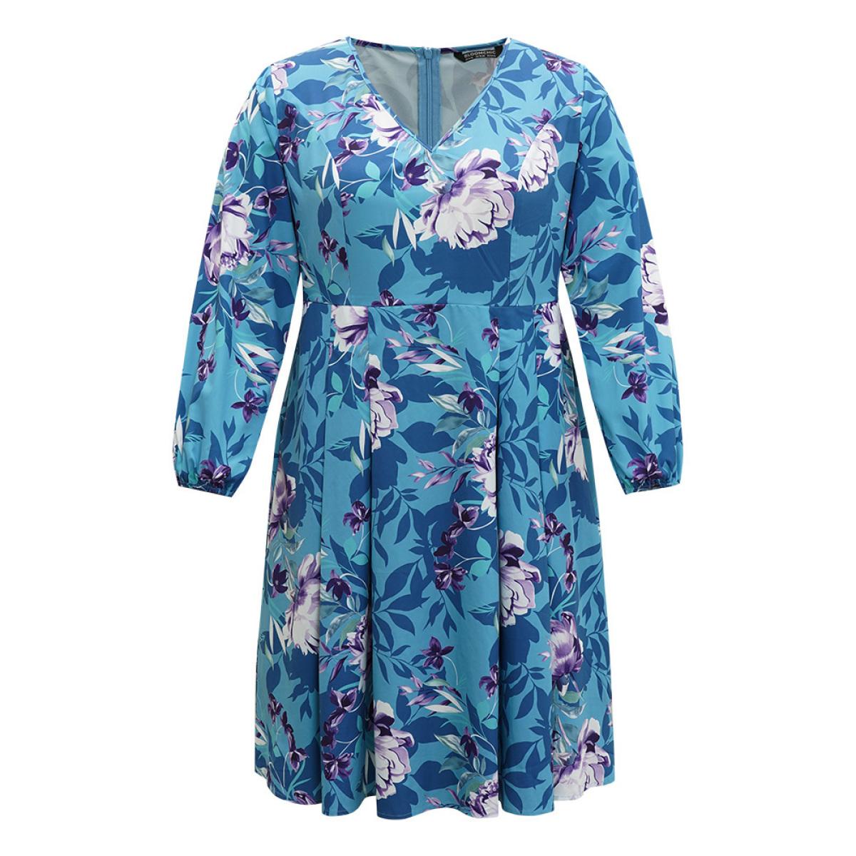 Plus Size Floral Print Pleated Flutter Zipper Dress Multicolor Women Office Elastic cuffs V-neck Long Sleeve Curvy Midi Dress BloomChic 18-20/2X Product Image