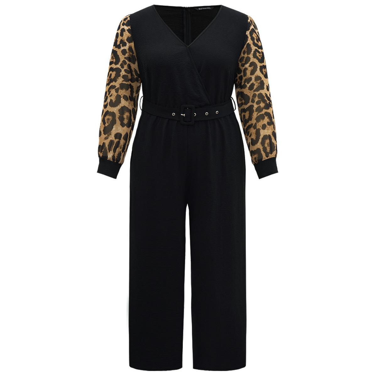 Plus Size Black Leopard Patchwork Wrap Buckle Detail Belted Jumpsuit Women Glamour Long Sleeve V-neck Going out Loose Jumpsuits BloomChic 28/5X Product Image