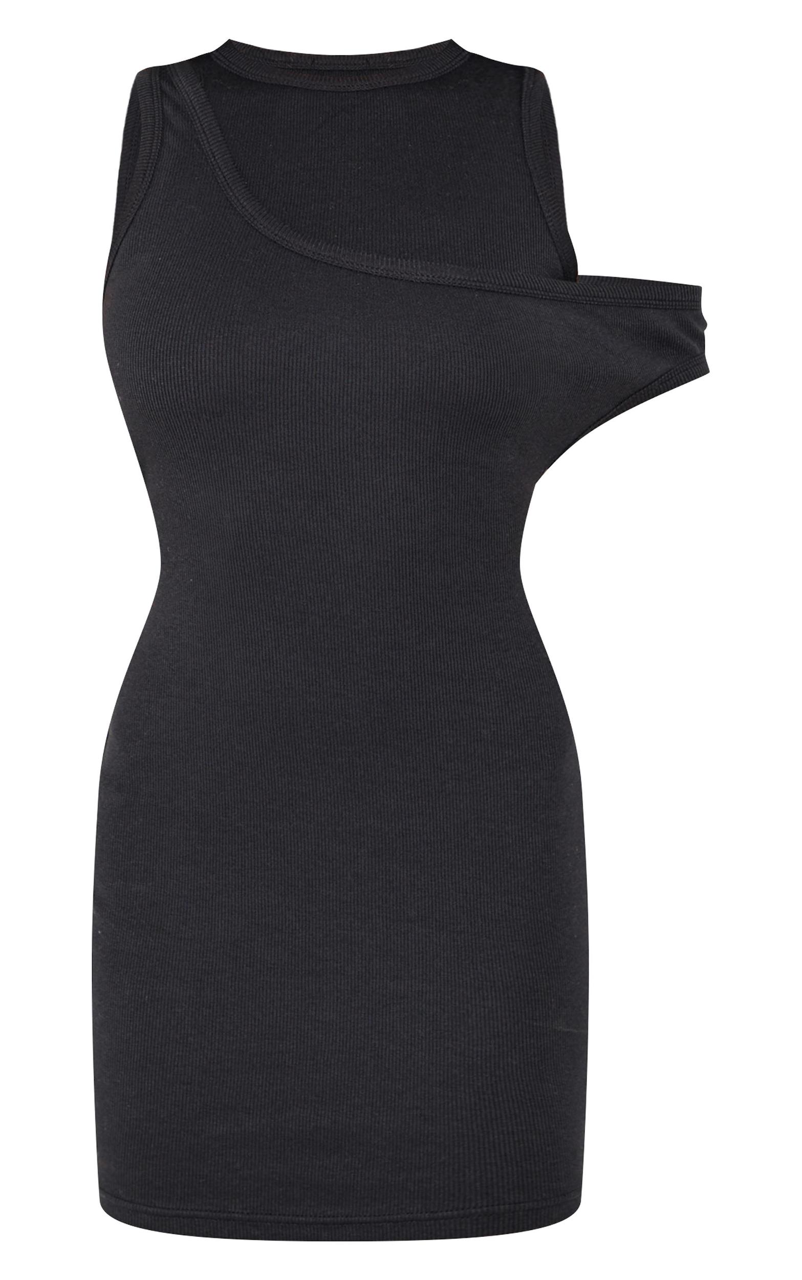 Black Asymmetric Ribbed Bodycon Dress Product Image