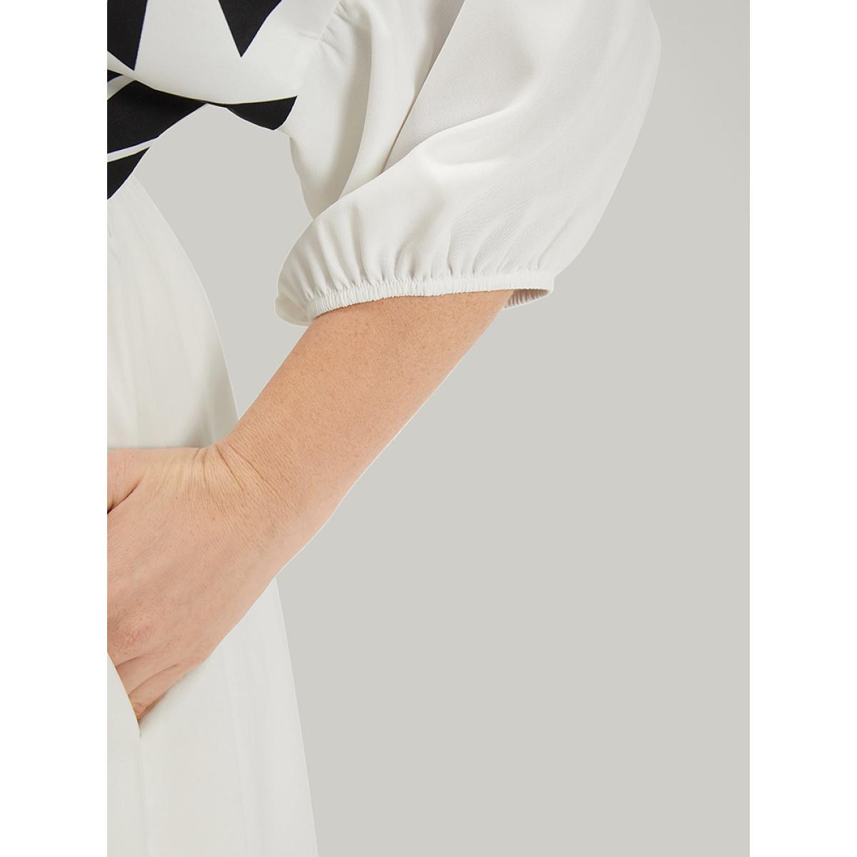 Plus Size Geometric Print Notched Ties Tassels Elastic Cuffs Dress White Women Vacation Elastic cuffs Notched collar Elbow-length sleeve Curvy Midi Dress BloomChic 30/6X Product Image