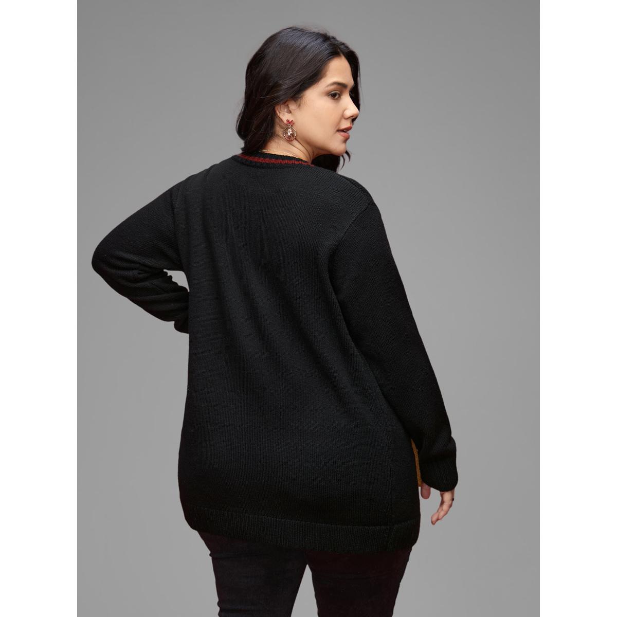 Plus Size Reindeer Pockets Contrast Placket Open Cardigan Black Women Casual Loose Long Sleeve Everyday Cardigans BloomChic 10/M Product Image