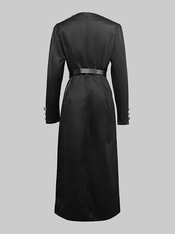 Long Sleeves Puff Sleeves Buttoned Solid Color Deep V-Neck Midi Dresses Product Image