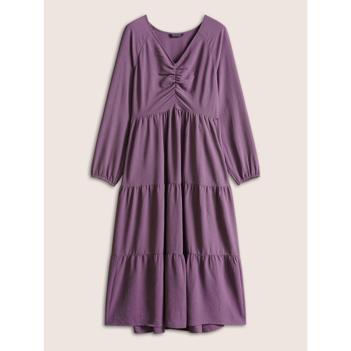 Plus Size Solid Ruched Raglan Sleeve Layered Hem Dress Mauve Women Elegant Elastic cuffs V-neck Long Sleeve Curvy Midi Dress BloomChic 12/L Product Image