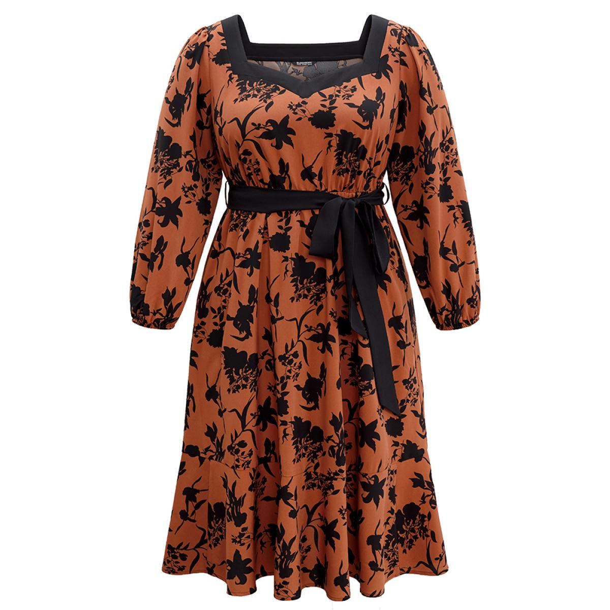 Plus Size Silhouette Floral Print Square Neck Belted Dress Chocolate Women Office Elastic cuffs Square Neck Long Sleeve Curvy Midi Dress BloomChic 18-20/2X Product Image