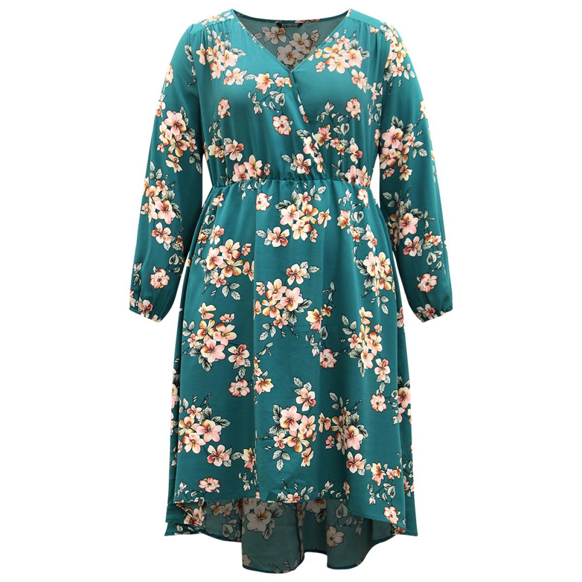 Plus Size Floral Lantern Sleeve High Low Hem Dress DarkBlue Women Elegant Elastic cuffs V-neck Long Sleeve Curvy Midi Dress BloomChic 10/M Product Image