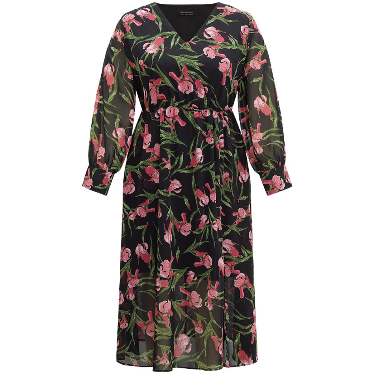 Plus Size Floral Print Chiffon Split Side Elastic Waist Dress Black Women Elegant Printed V-neck Long Sleeve Curvy Midi Dress BloomChic 12/L Product Image