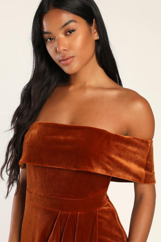 I'm Enchanted Rust Orange Velvet Off-the-Shoulder Maxi Dress Product Image