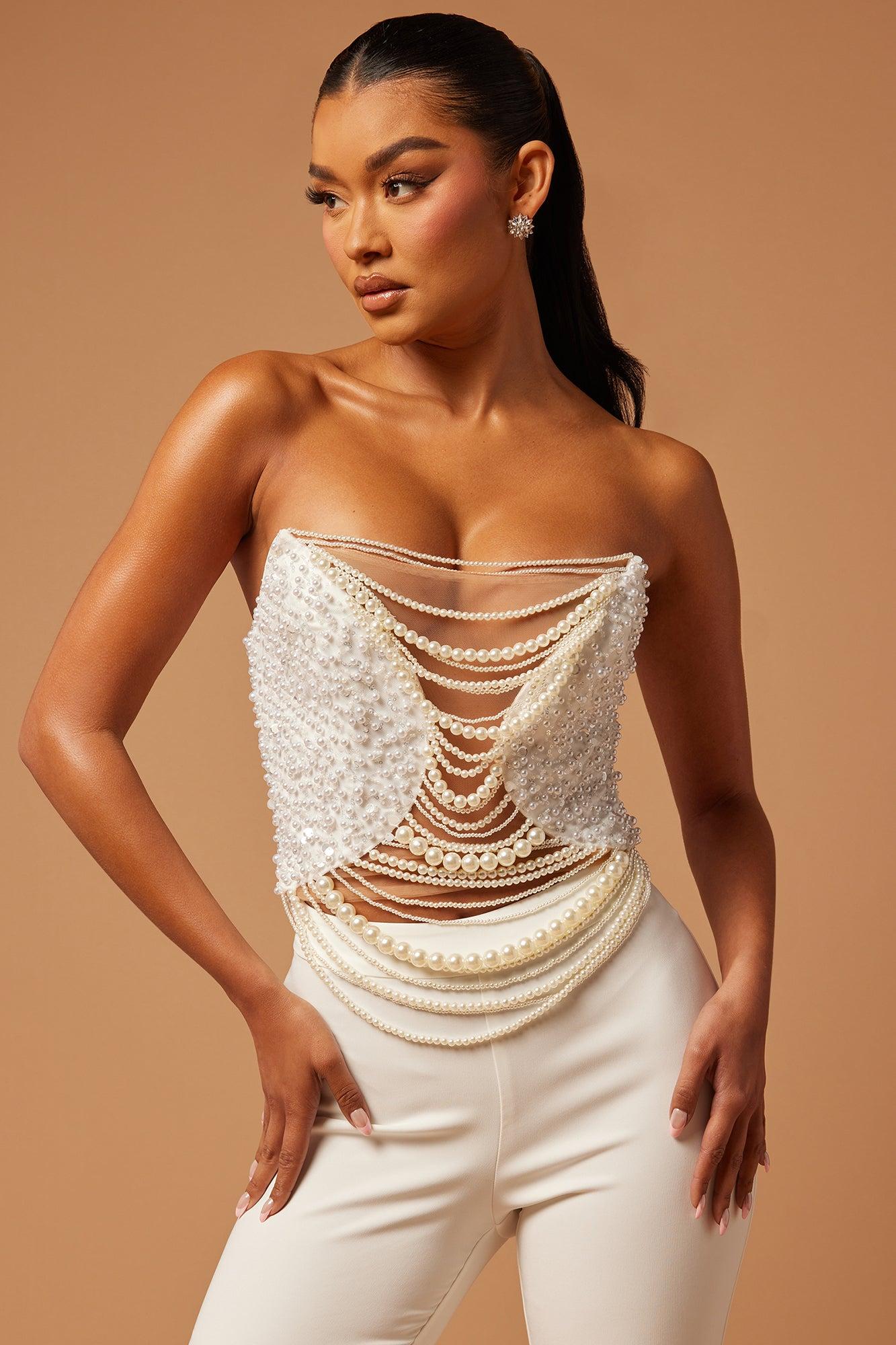 Eva Embellished Pearl Pant Set - White Product Image