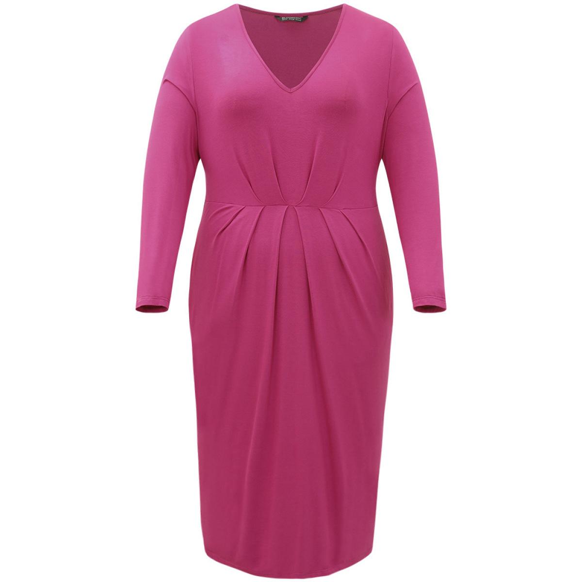 Plus Size Solid Pocket V Neck Plicated Detail Dress RedViolet Women Casual Plain V-neck Long Sleeve Curvy Midi Dress BloomChic 10/M Product Image