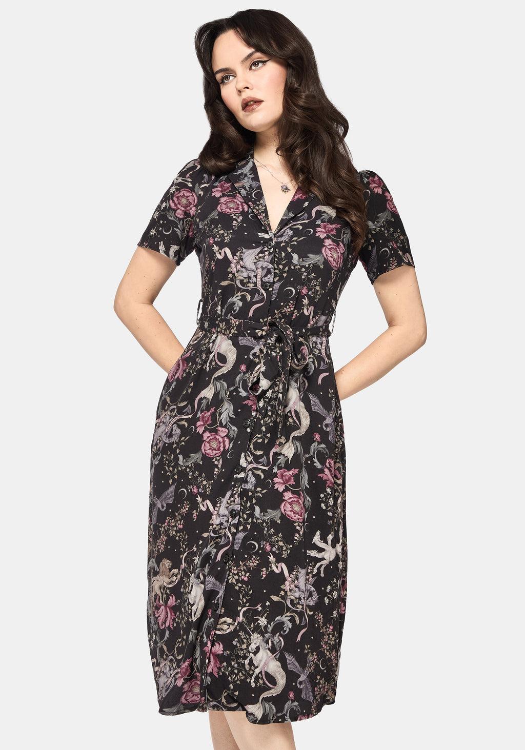 Merunicorn Enchanted Forest Print Puff Sleeve Midi Dress Product Image