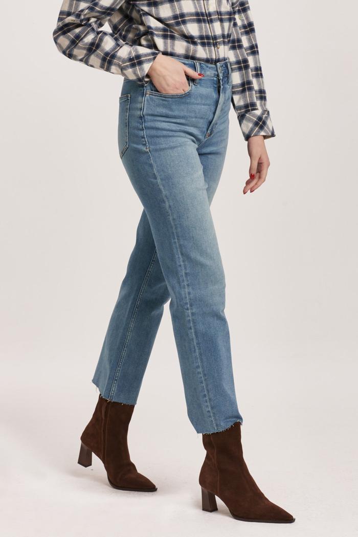 90S Straight Fit High Rise Fray Hem Jeans Artic Denim Product Image