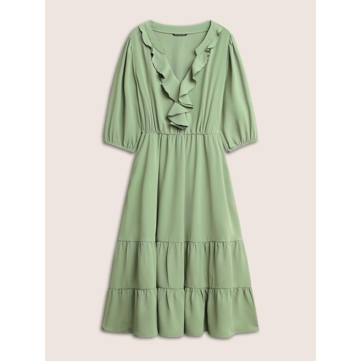 Plus Size Static-Free Solid Ruffles Gathered Layered Hem Dress Sage Women Elegant Non Notched collar Elbow-length sleeve Curvy Midi Dress BloomChic 12/L Product Image