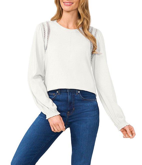 CeCe Knit Crew Neck Long Sleeve Lace Inset Top Product Image