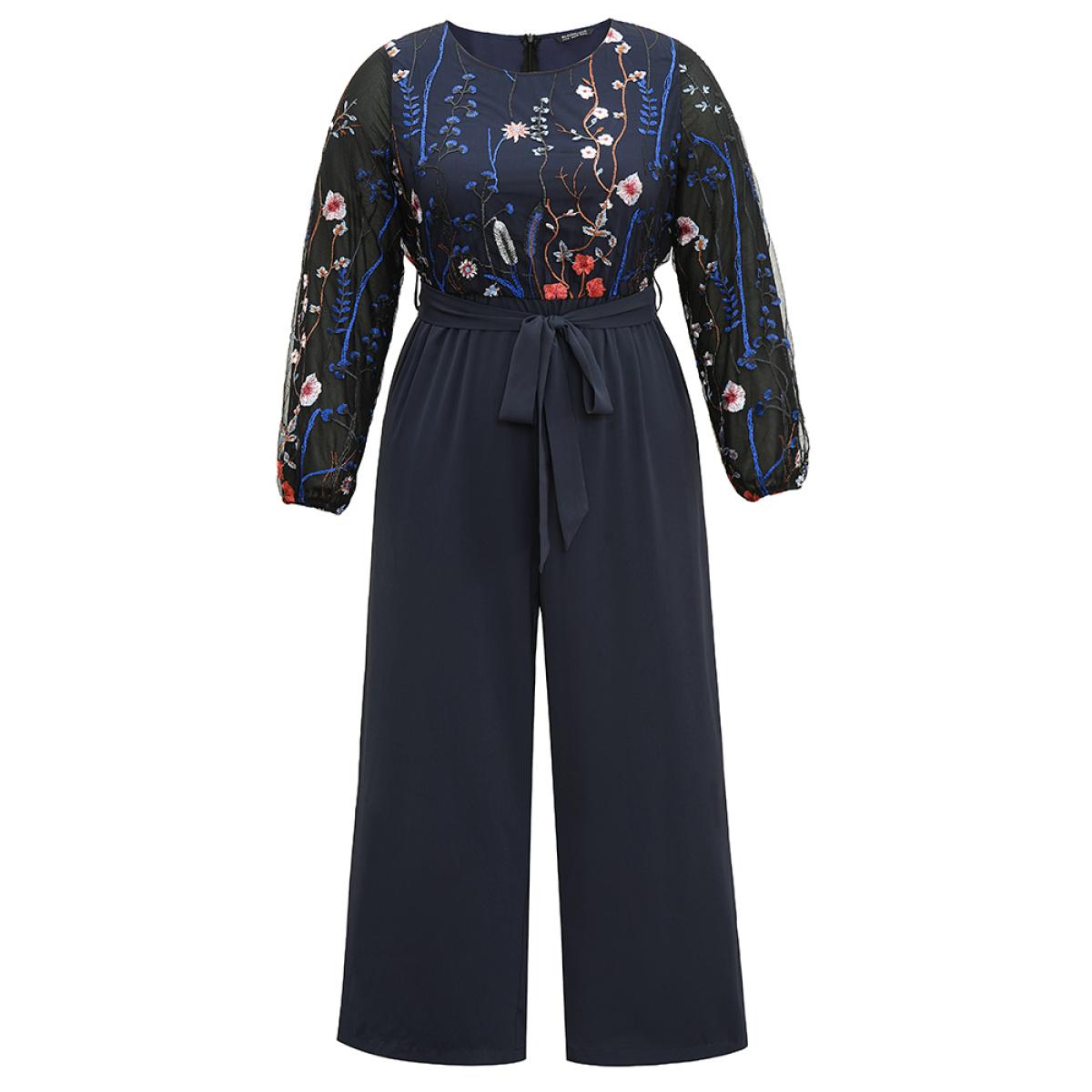 Plus Size Indigo Halloween Floral Embroidered Belted Lantern Sleeve Jumpsuit Women Glamour Long Sleeve Round Neck Festival-Halloween Loose Jumpsuits BloomChic 26/4X Product Image