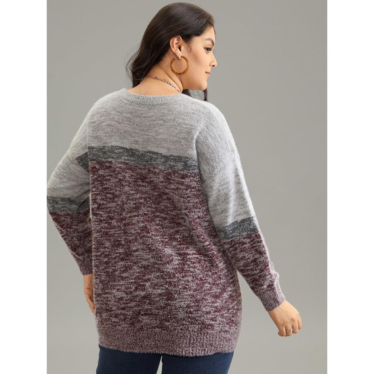Plus Size Heather Contrast Crew Neck Drop Shoulder Pullover Burgundy Women Casual Loose Long Sleeve Round Neck Dailywear Pullovers BloomChic 10/M Product Image