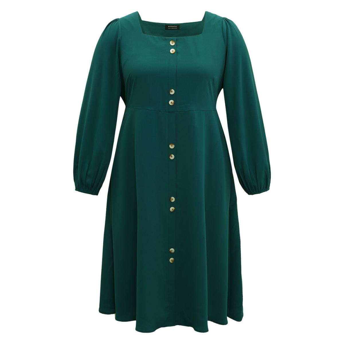 Plus Size Twill Square Neck Button Detail Lantern Sleeve Dress Teal Women Office Elastic cuffs Square Neck Long Sleeve Curvy Midi Dress BloomChic 14-16/1X Product Image