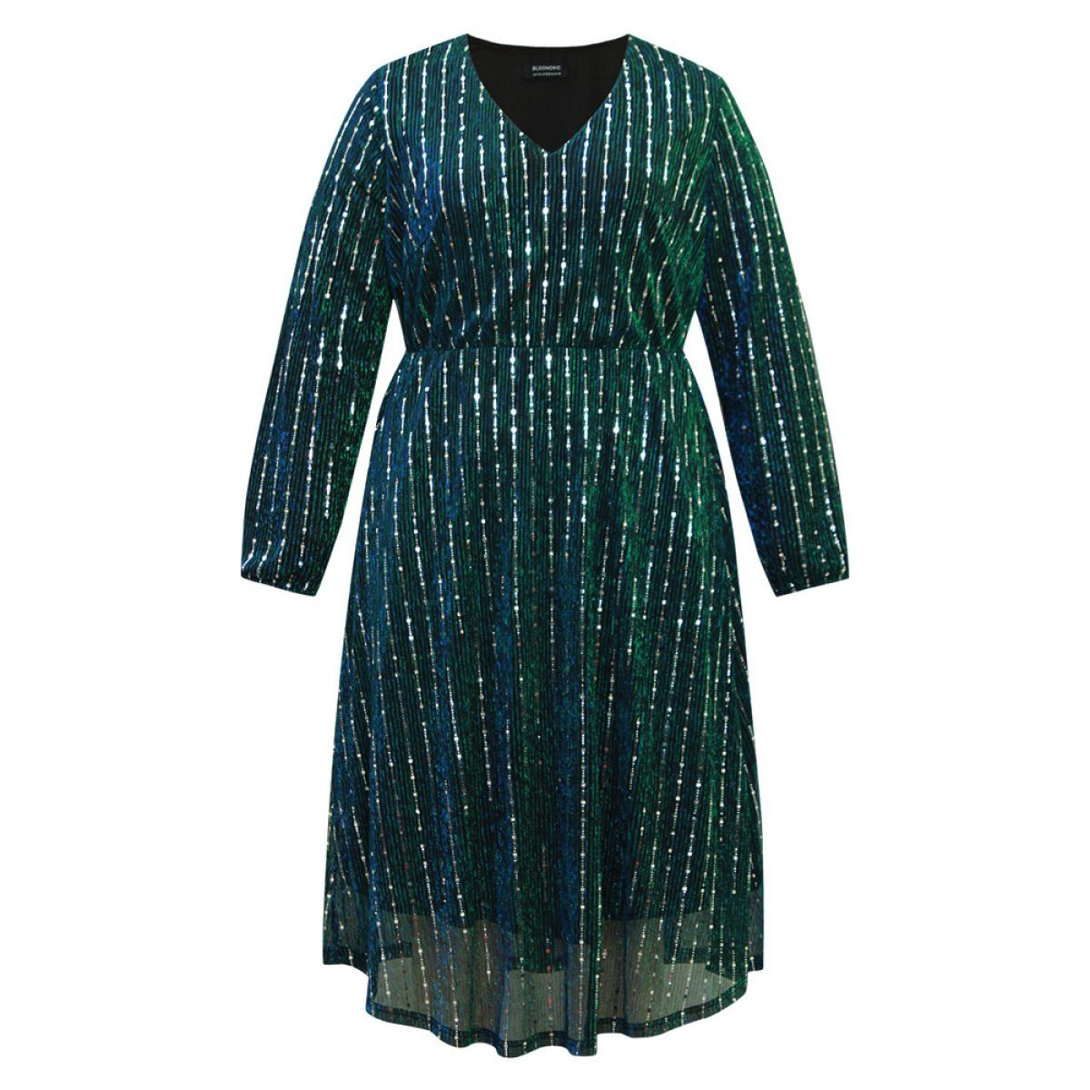 Plus Size Sequin Mesh V Neck Elastic Waist Dress DarkSlateGray Women Cocktail Sequin V-neck Long Sleeve Curvy Midi Dress BloomChic 22-24/3X Product Image