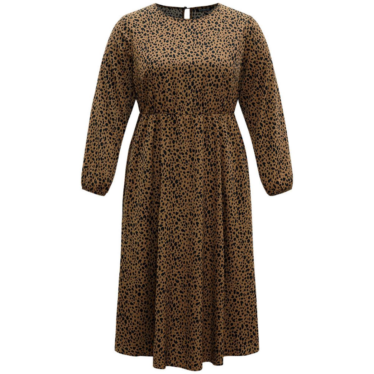 Plus Size Leopard Print Pocket Split Side Keyhole Dress DarkBrown Women Elegant Elastic cuffs Round Neck Long Sleeve Curvy Midi Dress BloomChic 22-24/3X Product Image