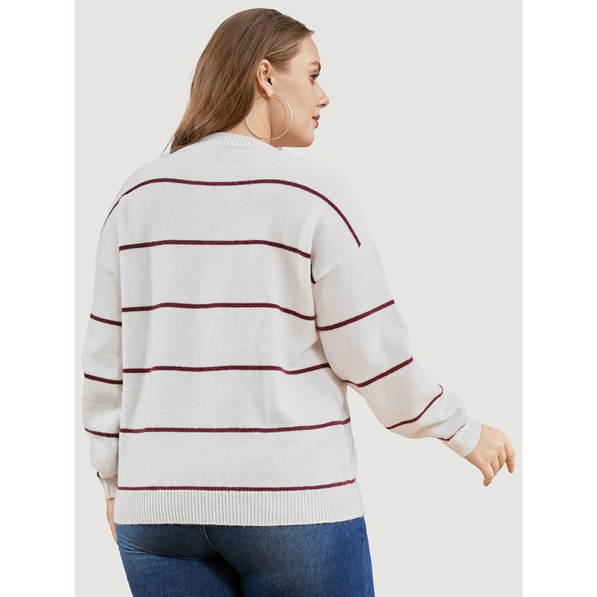 Plus Size Striped Contrast Super Soft Plush Knit V Neck Knit Top Ivory Women Casual Loose Long Sleeve V-neck Dailywear Pullovers BloomChic 28/5X Product Image