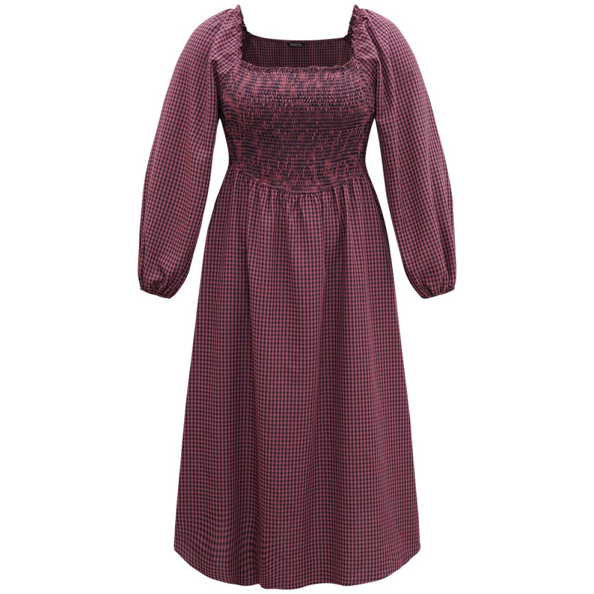 Plus Size Gingham Square Neck Frill Trim Shirred Dress RedViolet Women Casual Elastic cuffs Square Neck Long Sleeve Curvy Midi Dress BloomChic 22-24/3X Product Image