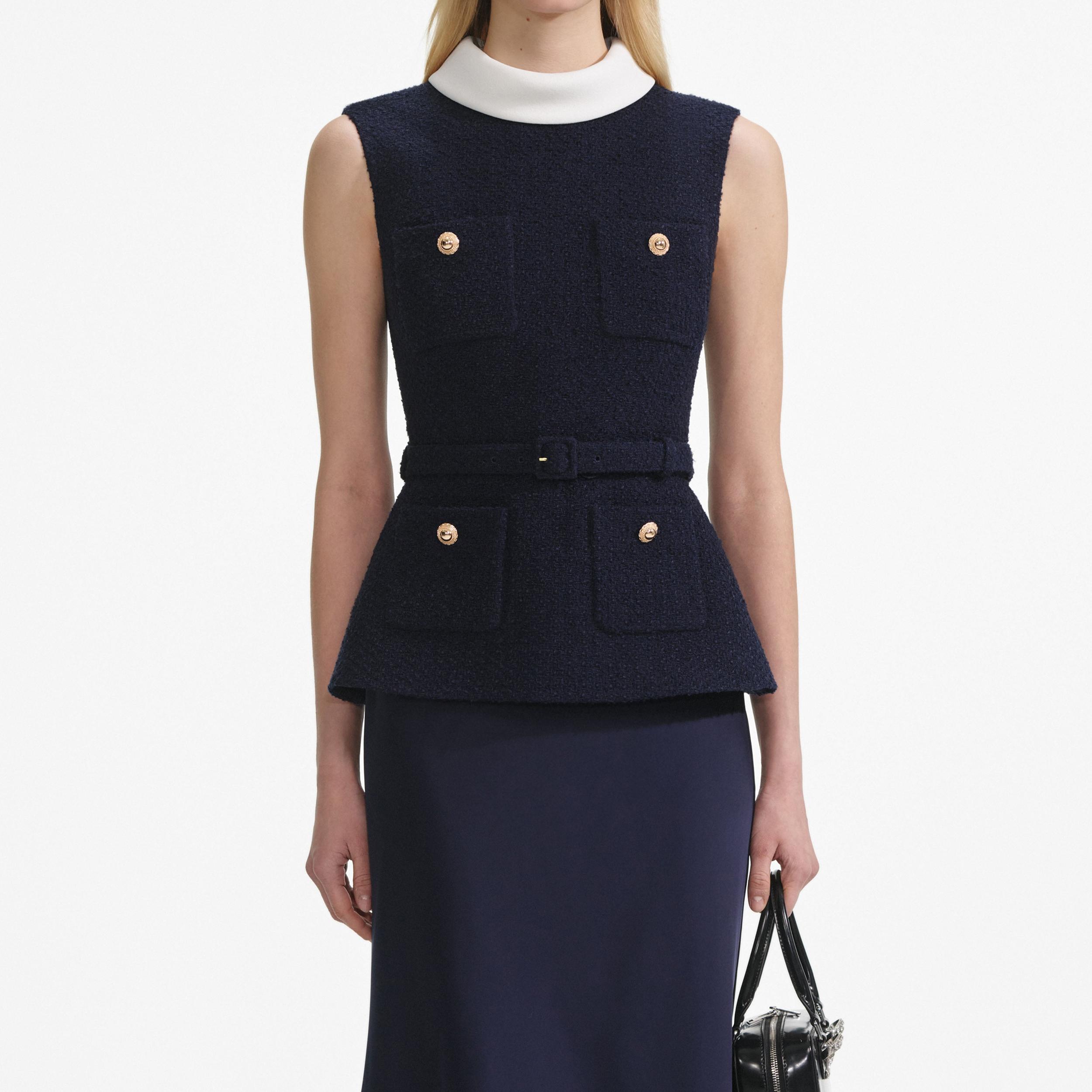 Navy Boucle Sleeveless Midi Dress Product Image
