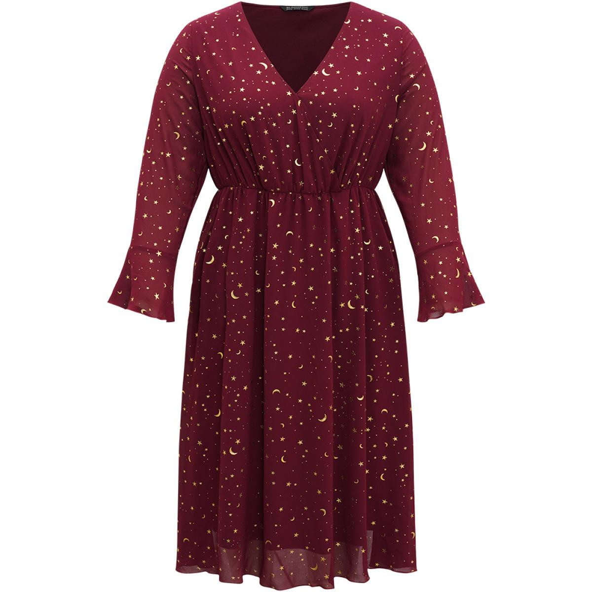 Plus Size Moon & Star Glitter Surplice Neck Bell Sleeve Dress Burgundy Women Party Printed V-neck Long Sleeve Curvy Midi Dress BloomChic 28/5X Product Image
