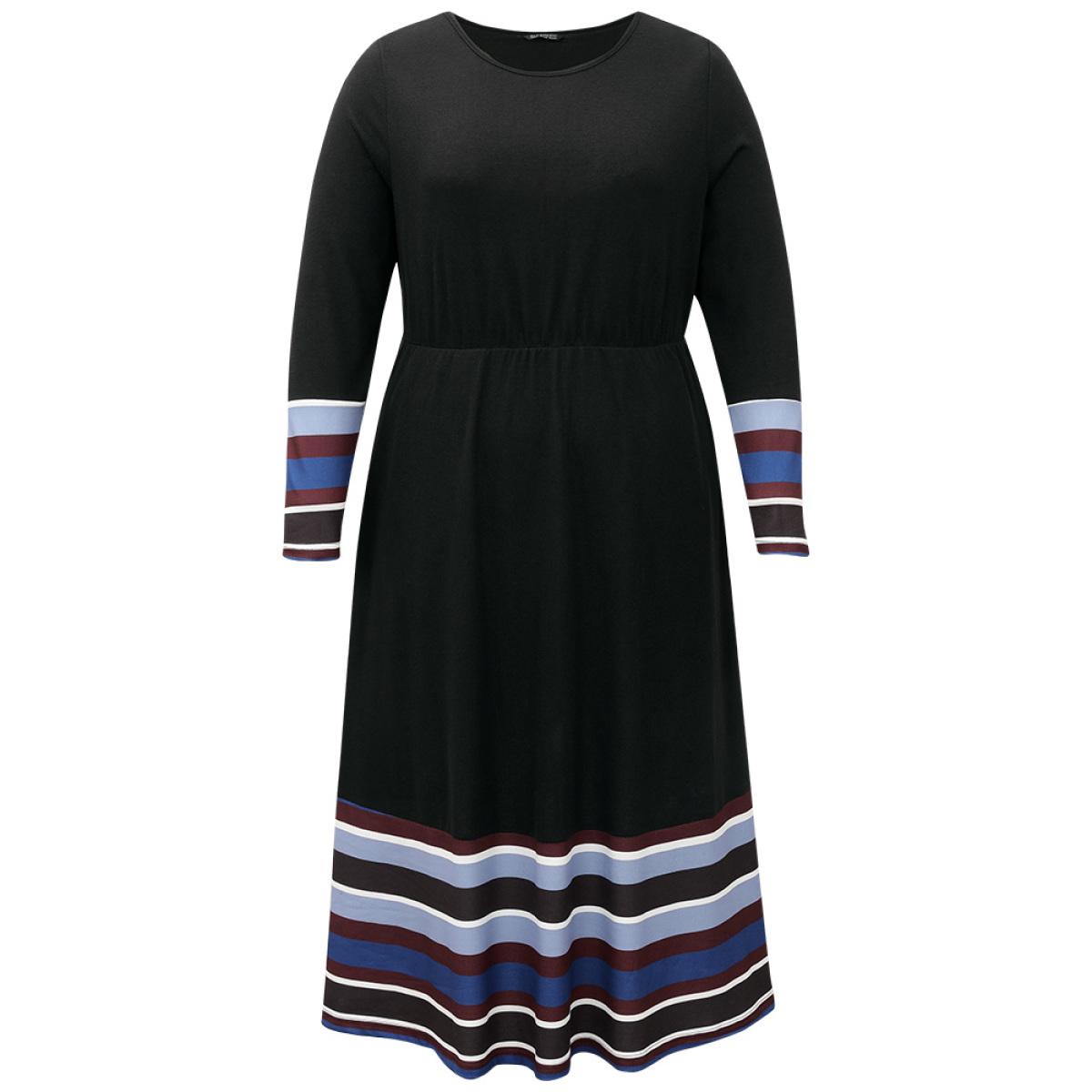 Plus Size Striped Patchwork Contrast Crew Neck Dress Black Women Casual Contrast Round Neck Long Sleeve Curvy Midi Dress BloomChic 14-16/1X Product Image