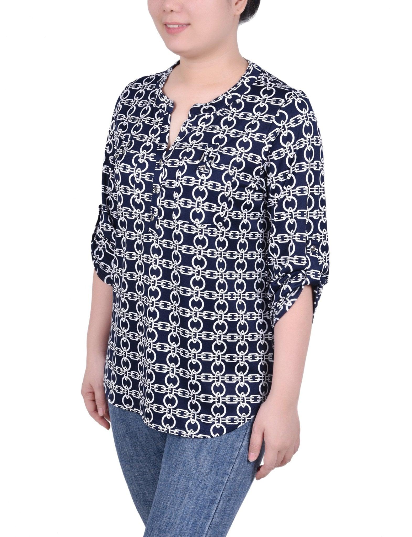 Navy White Chain Long Tab-Sleeve Top With Pockets Product Image