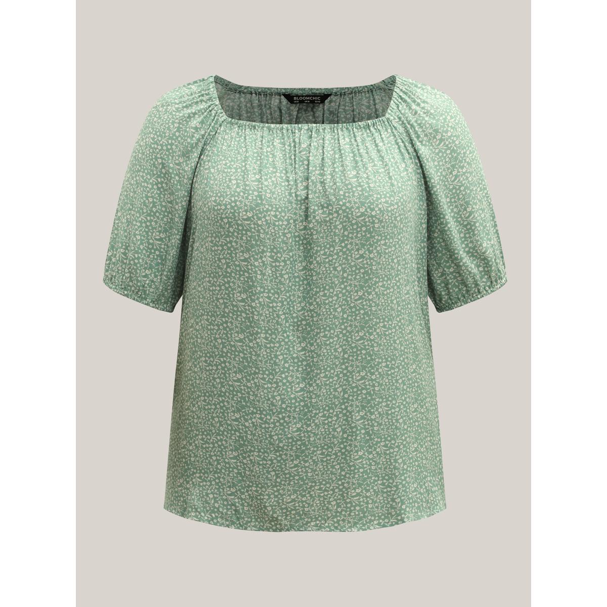 Plus Size Greenbean Floral Print Square Neck Relaxed Blouse Women Half Sleeve Square Neck Casual Blouses BloomChic 22-24/3X Product Image