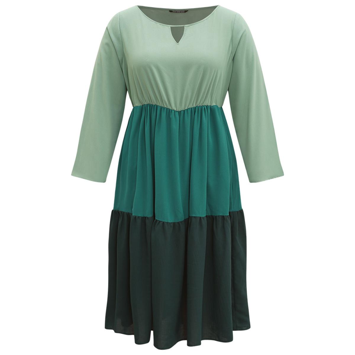 Plus Size Colorblock Contrast Keyhole Layered Hem Dress Mint Women Casual Plain Keyhole Cut-Out Long Sleeve Curvy Midi Dress BloomChic 30/6X Product Image