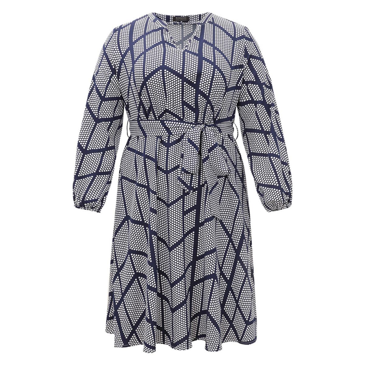 Plus Size Polka Dot Geometric Belted Lantern Sleeve Dress Black Women Office Elastic cuffs Notched collar Long Sleeve Curvy Midi Dress BloomChic 10/M Product Image