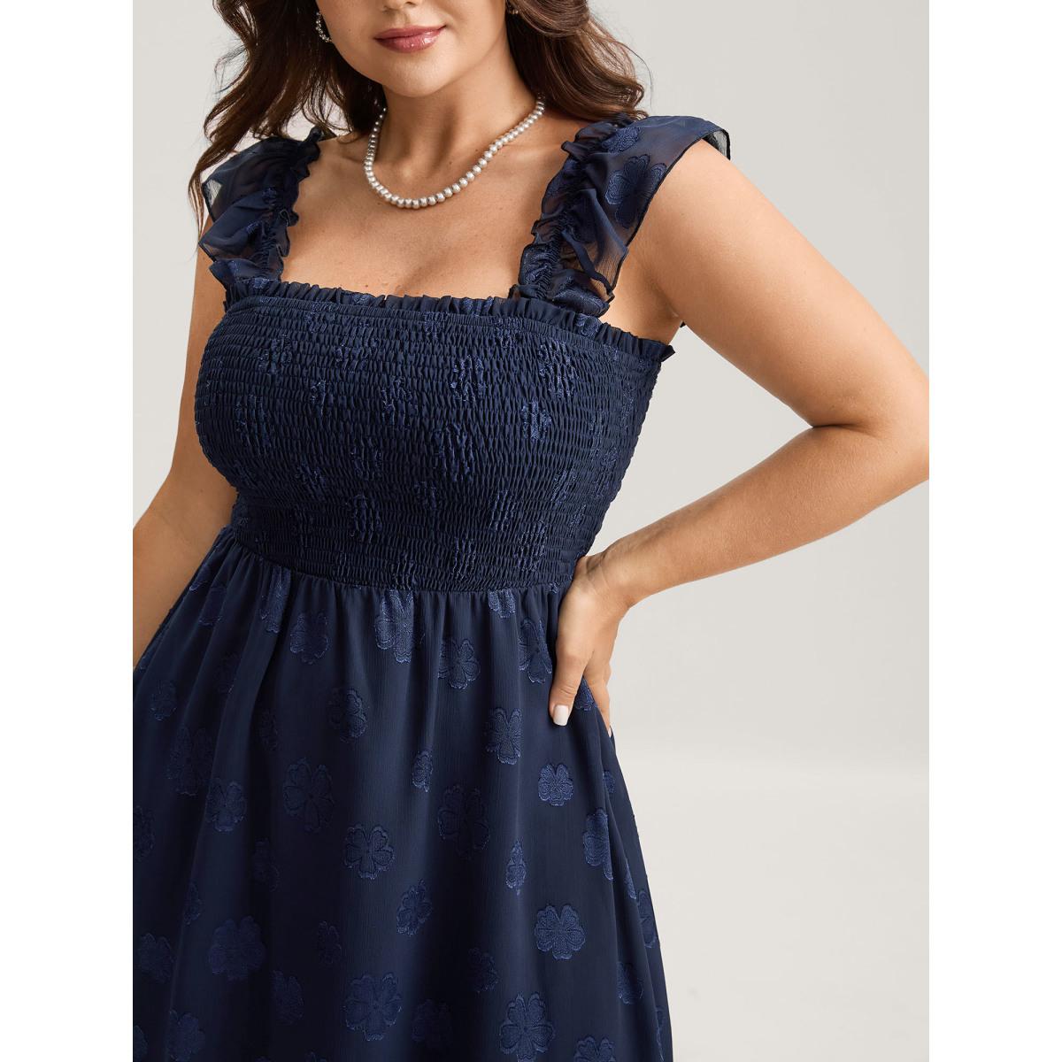 Plus Size Jacquard Shirred Bodice Ruffled Midi Dress Teal Women Square Neck Cap Sleeve Curvy BloomChic 28/5X Product Image
