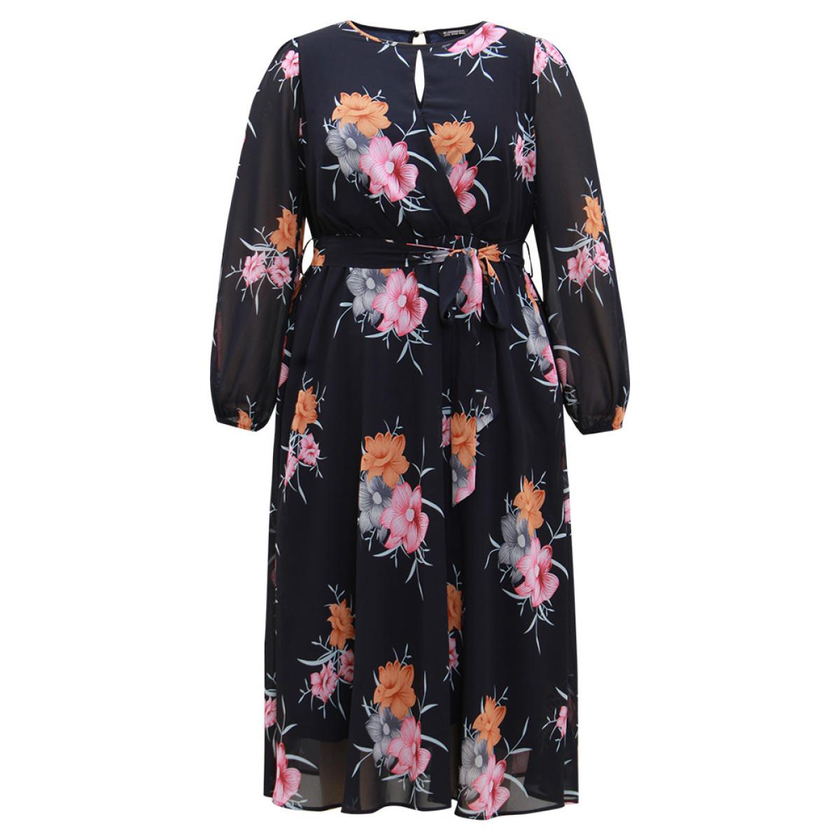 Plus Size Chiffon Floral Print Keyhole Belted Pocket Dress DarkBlue Women Elegant Elastic cuffs Keyhole Cut-Out Long Sleeve Curvy Midi Dress BloomChic 14-16/1X Product Image