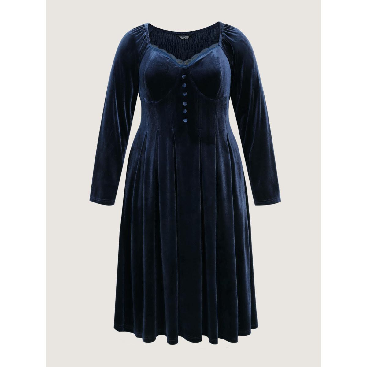 Plus Size Velvet Lace Trim Stitch Shirred Midi Dress Indigo Women Retro Gathered Square Neck Long Sleeve Curvy BloomChic 30/6X Product Image