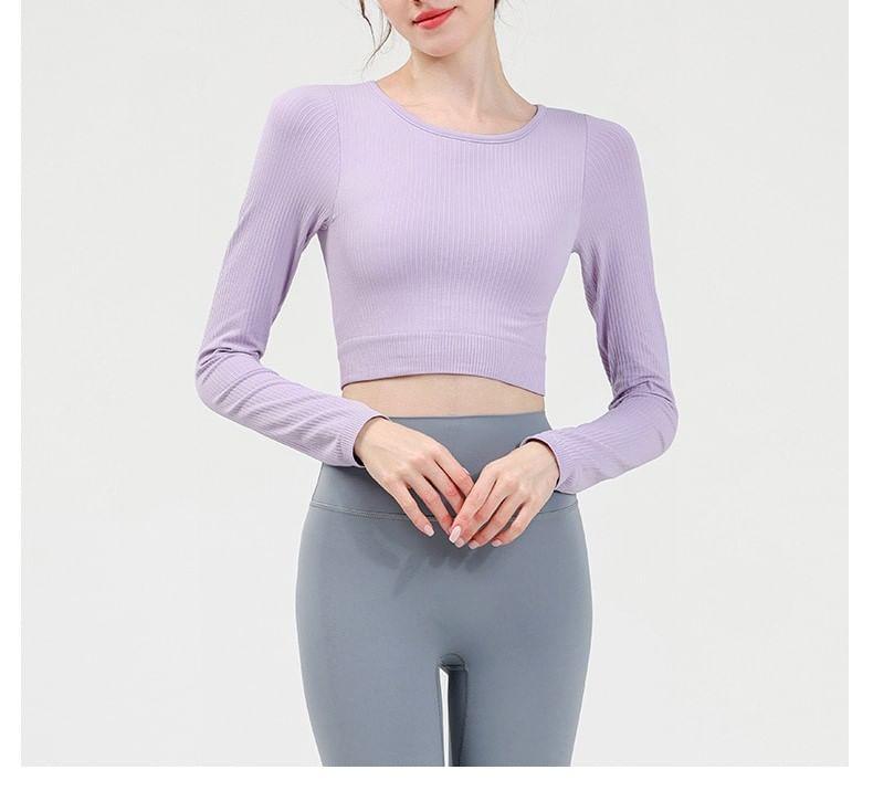 Long-Sleeve Round Neck Plain Crop Yoga T-Shirt Product Image