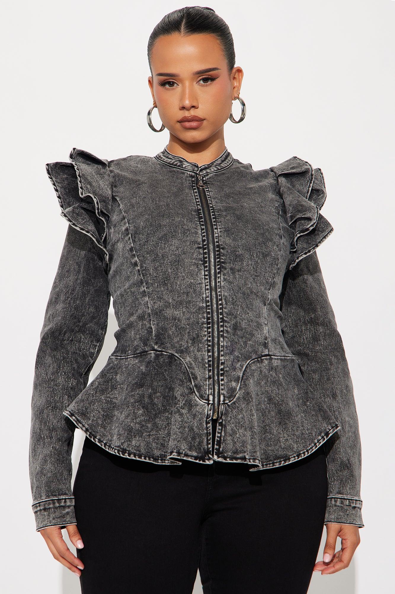 Denim Queen Peplum Jacket - Acid Wash Black Female Product Image