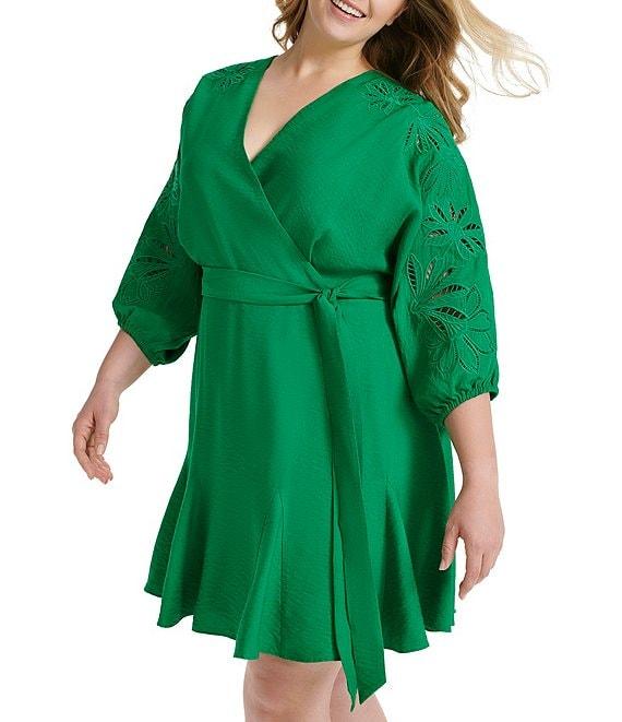 DKNY by Donna Karan Plus Size 3/4 Sleeve V-Neck Tie Waist Faux Wrap Dress Product Image