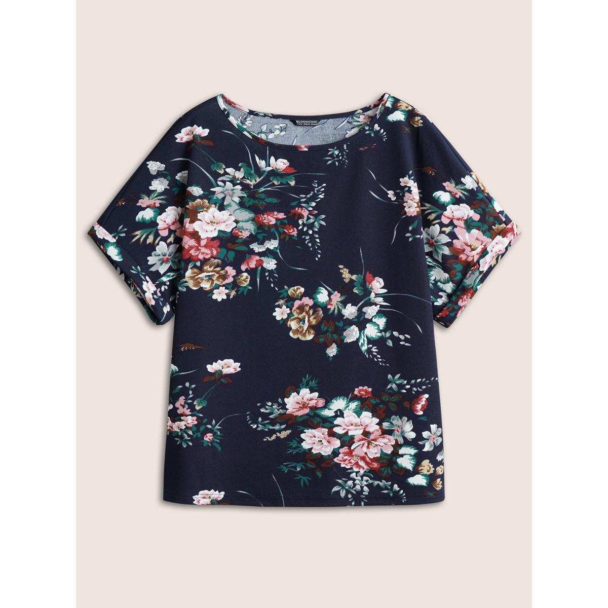 Plus Size Floral Print Crew Neck Cuffed Sleeve T-shirt Midnight Women Casual Non Floral Round Neck Everyday T-shirts BloomChic 18-20/2X Product Image