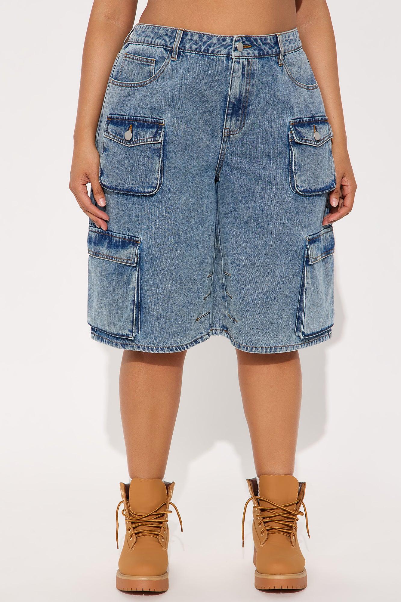 Frankie Acid Wash Cargo Denim Jorts - Medium Wash Product Image