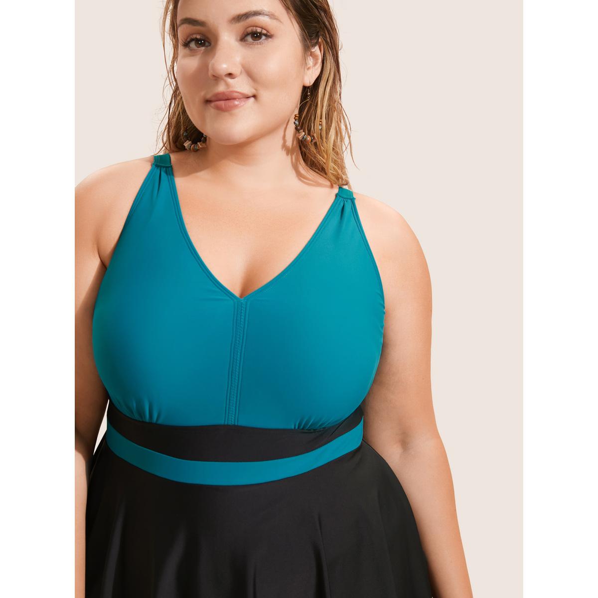 Plus Size V Neck Two Tone Patchwork Swim Dress Women's Swimwear Emerald Beach Bodycon V-neck High stretch Curve Swim Dresses BloomChic 30/6X Product Image