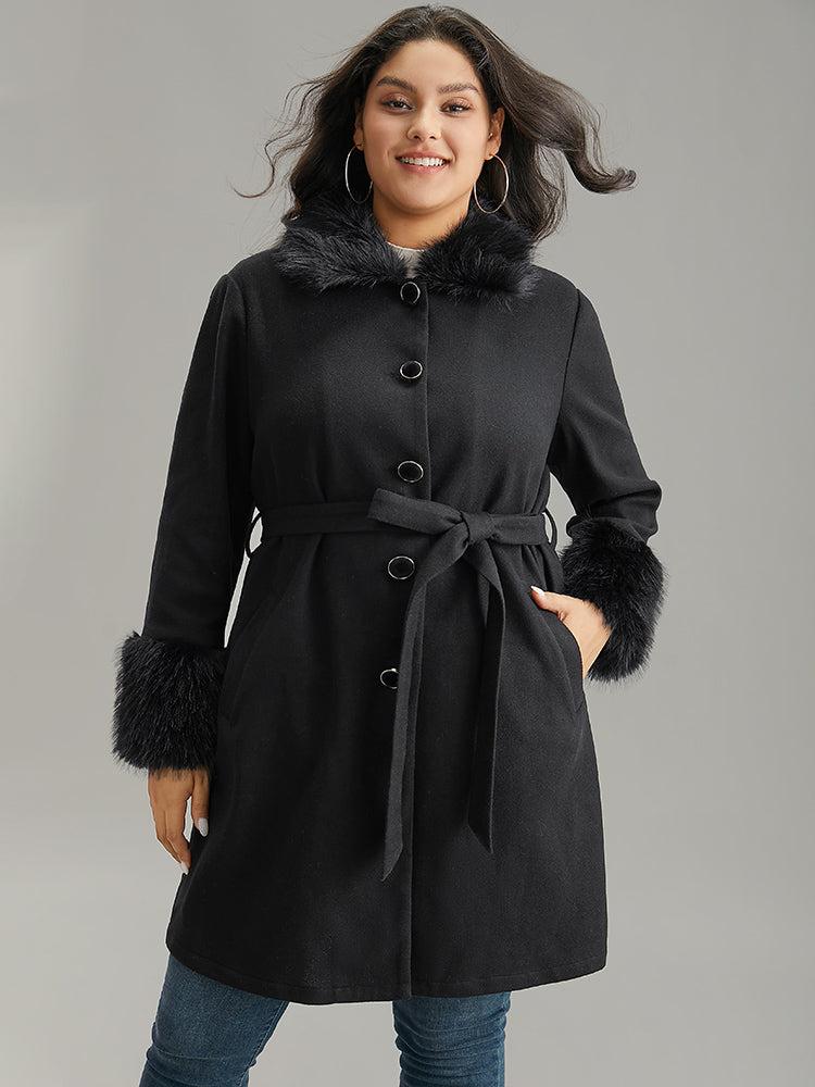 Solid Fuzzy Trim Button Through Belted Coat Female Product Image